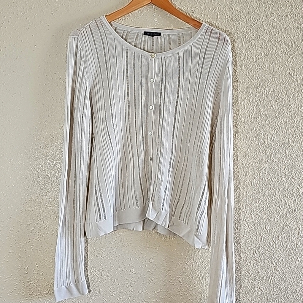 Eileen Fisher Cardigan Bone Linear Sleek Tencel Light Breezy